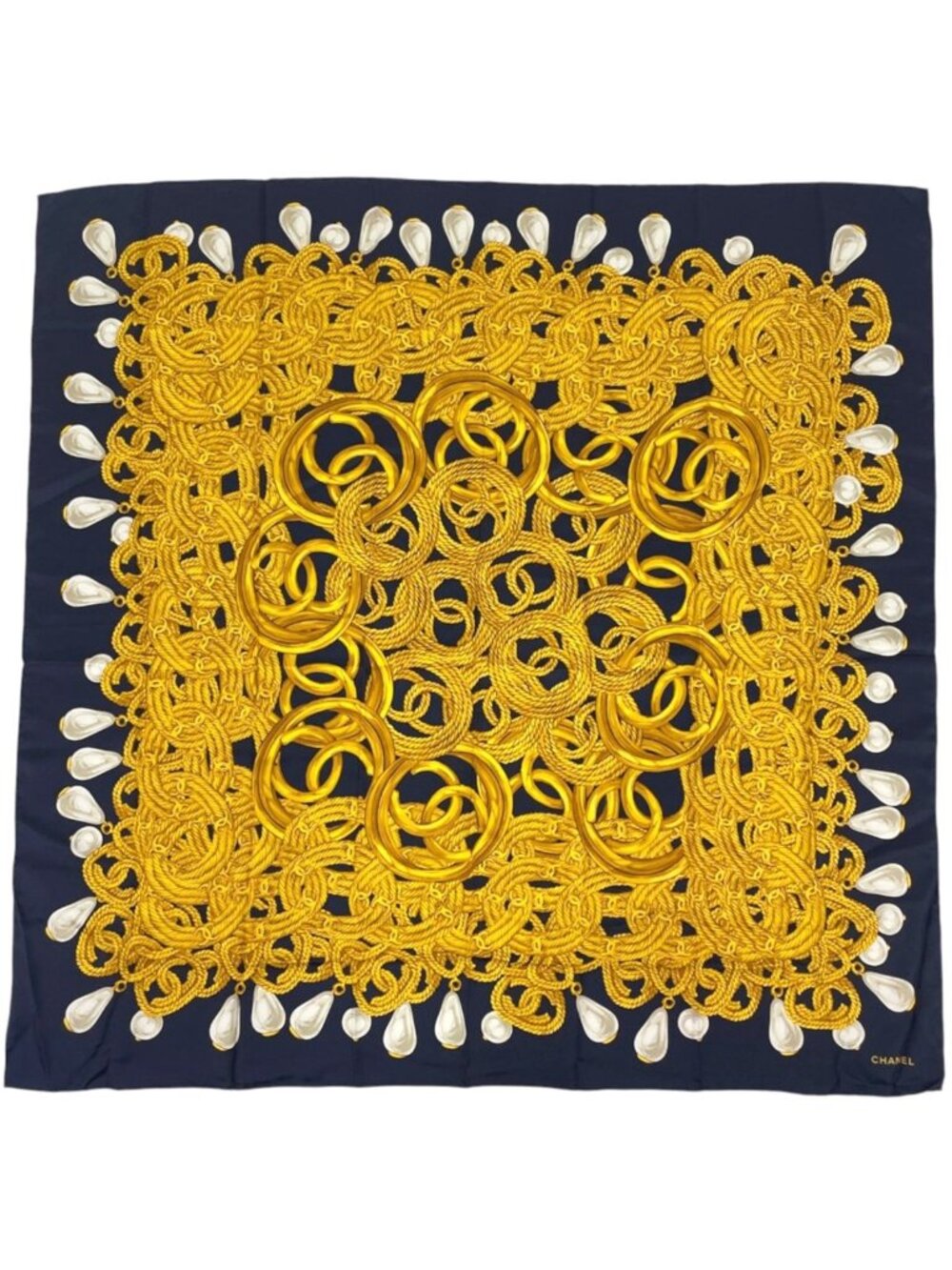 Chanel Scarf CC Logo Pattern Silk Navy Gold